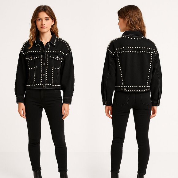 SALT PEARL STUDDED BLACK DENIM JACKET M - Picture 1 of 13